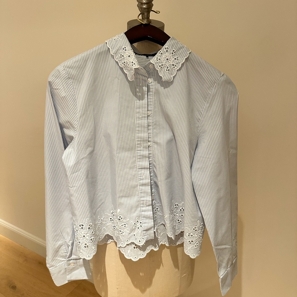 Zara Blue Striped Blouse with White Lace Trim